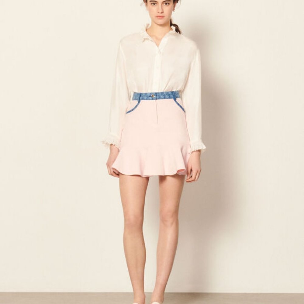 NWT Sandro Short mixed-material olene Contrast Pink Trim Mini Skirt Size 0 - Picture 3 of 6